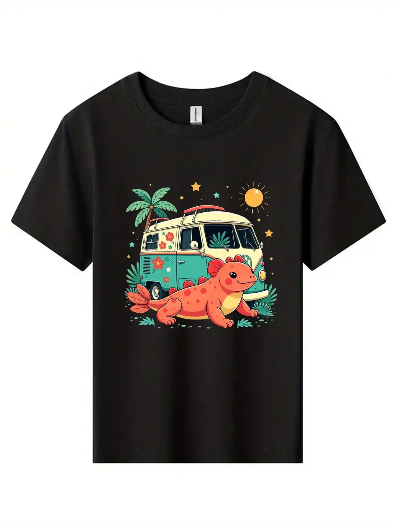 

Cartoon Animal And Camper Van Cotton T-Shirt, Black Tee With Lizard And Camper Van, Adventure Summer Tops