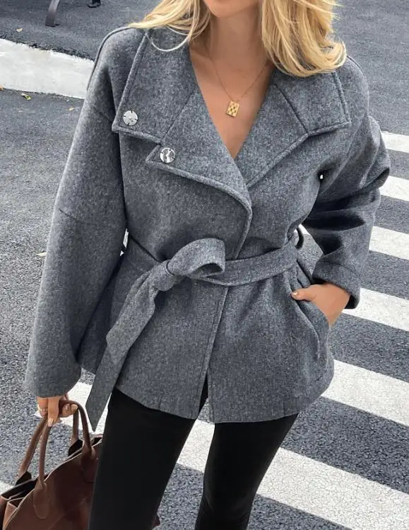 Elegante winterstijl wollen jas met veters en lange mouwen met modieus temperament, korte jas in Britse stijl met taille