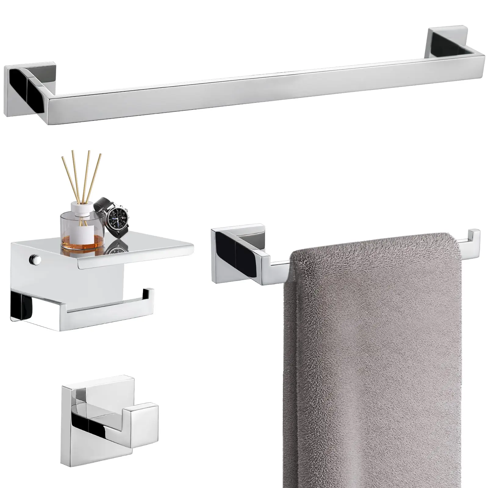 

5-Piece Chrome Bathroom Hardware Set Stainless Steel Towel Bar Shelf Hook Wall Mounted