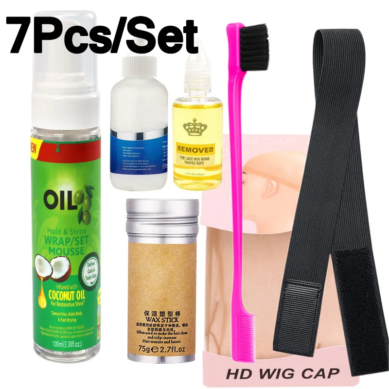 

Wrap/Set Mousse 7Pcs Wig Install Kit Set Hair Mousse Hair Wax Stick Lace Wig Glue And Remover Hd Wig Cap Lace Melt Band For Wigs