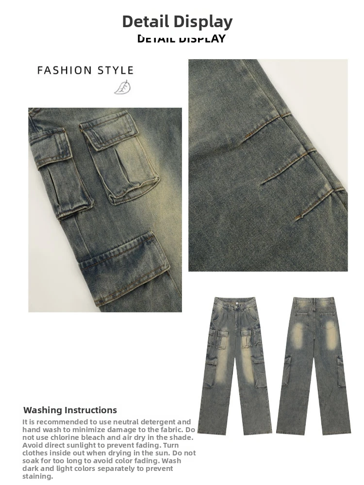 European And American Style Medium Low Waist Wide Leg Mop Pants for Women Multi-Pocket Loose Fit Workwear Jeans