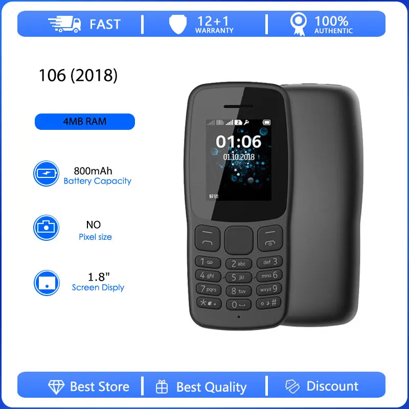 Original Refurbished 106 (2018) 2G Dual Sim Unlocked GSM 900/1800 Mobile Phone Russian Arabic Hebrew Keyboard Made in Finland