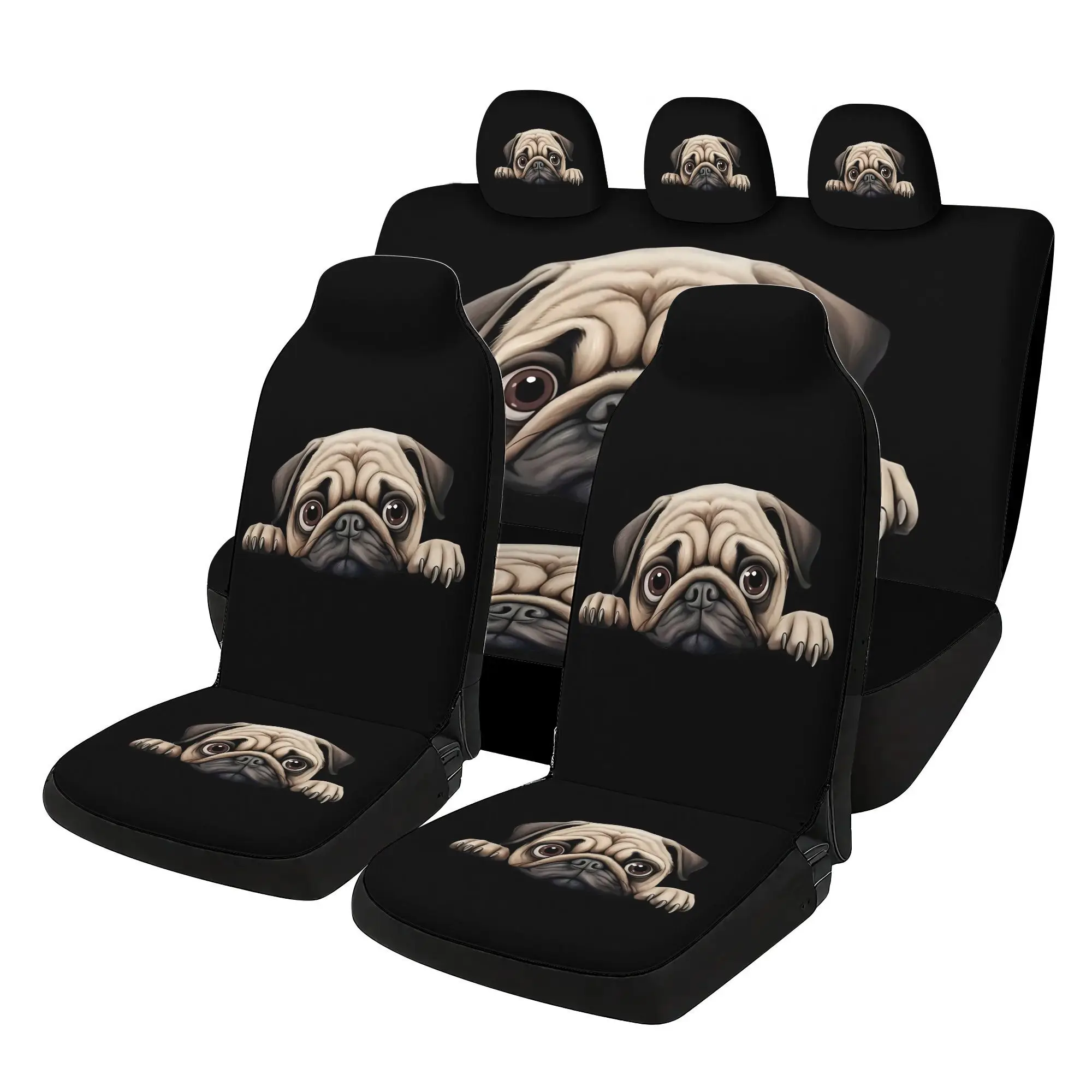 7pcs Peeking Pug Dog Printed Universal Car Seat Covers, Including 2 Front Seat Covers + 1 Rear Backrest Cover + 1 Rear Seat Cush