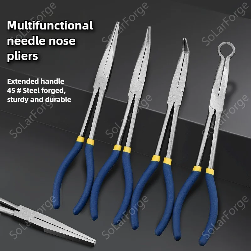 11inch Multi-purpose Long Nose Pliers 0/25/45/90 Degree Curved Flat Mouth Pliers O-shaped Pliers for Auto/Motocycle Repair Tools