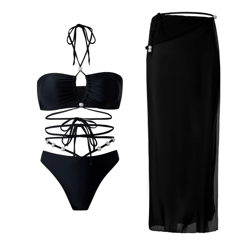 

2025New Style Two-Piece Swimsuit for Women Sexy Backless Halter Neck Tie Chiffon Wrap Skirt Three-Piece Swimsuit