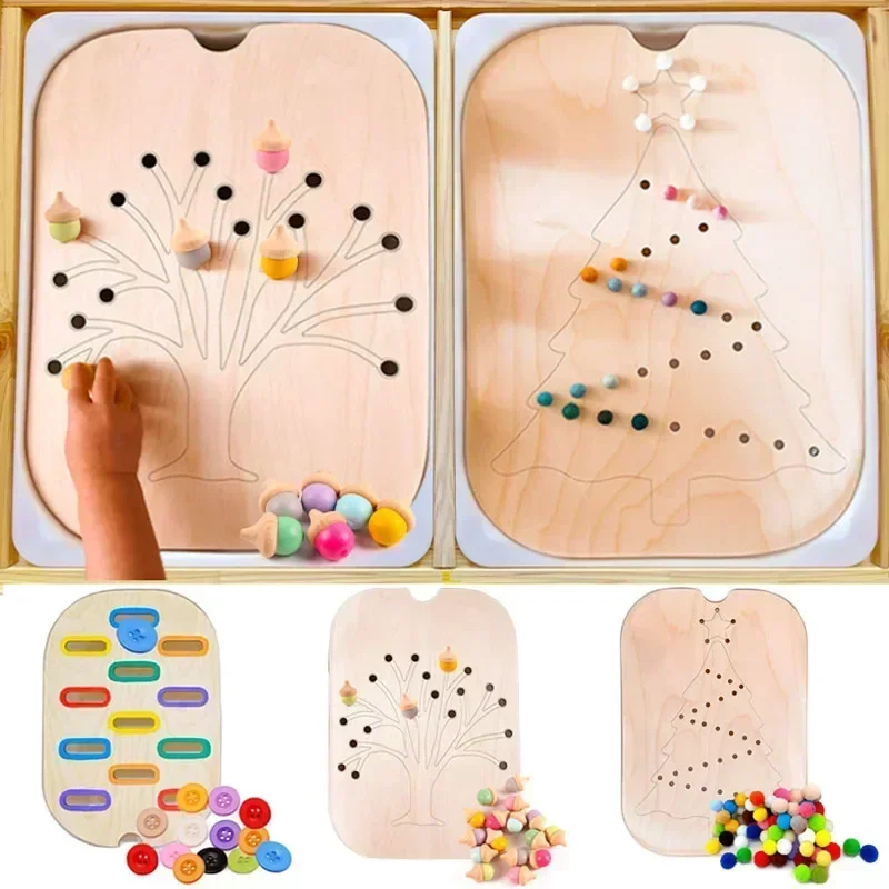 Children's Montessori Sensory Tray Board Game Wooden Christmas Tree Acorn Color Sorter Early Education Educational Training Toys