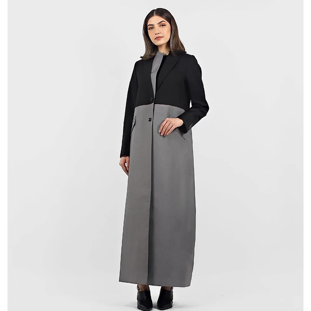 Chic Black and Grey Patchwork Women Long Jacket Slim Single Breasted Female Daily Coat Formal Ankle Length Dress