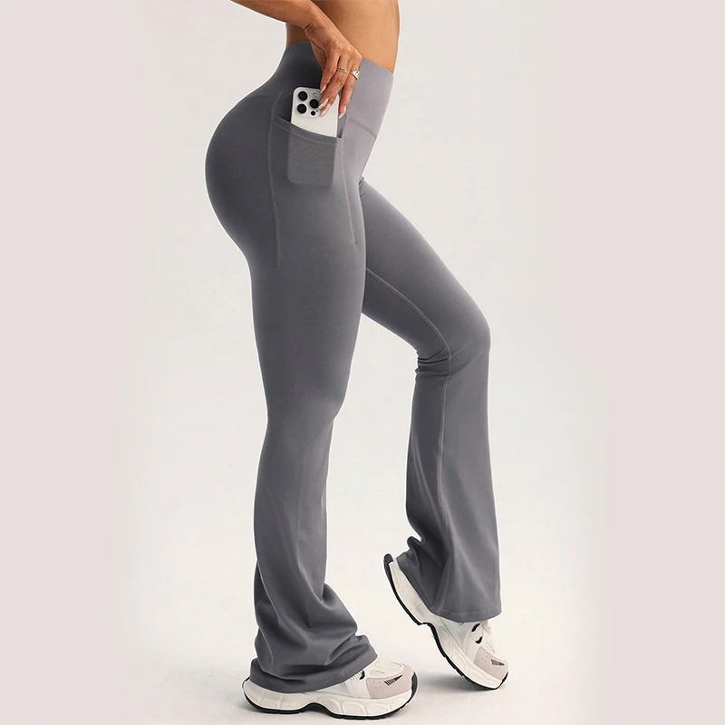 Side Pocket Casual Yoga Pants Woman Gym Solid Color High Waist Flare Leggings Woman Outdoor Lightweight Stretch Sports Trousers