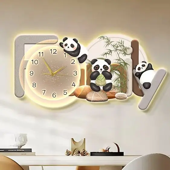 2026 new restaurant decoration panda clock dining room hanging painting dining table decoration clock mural light painting
