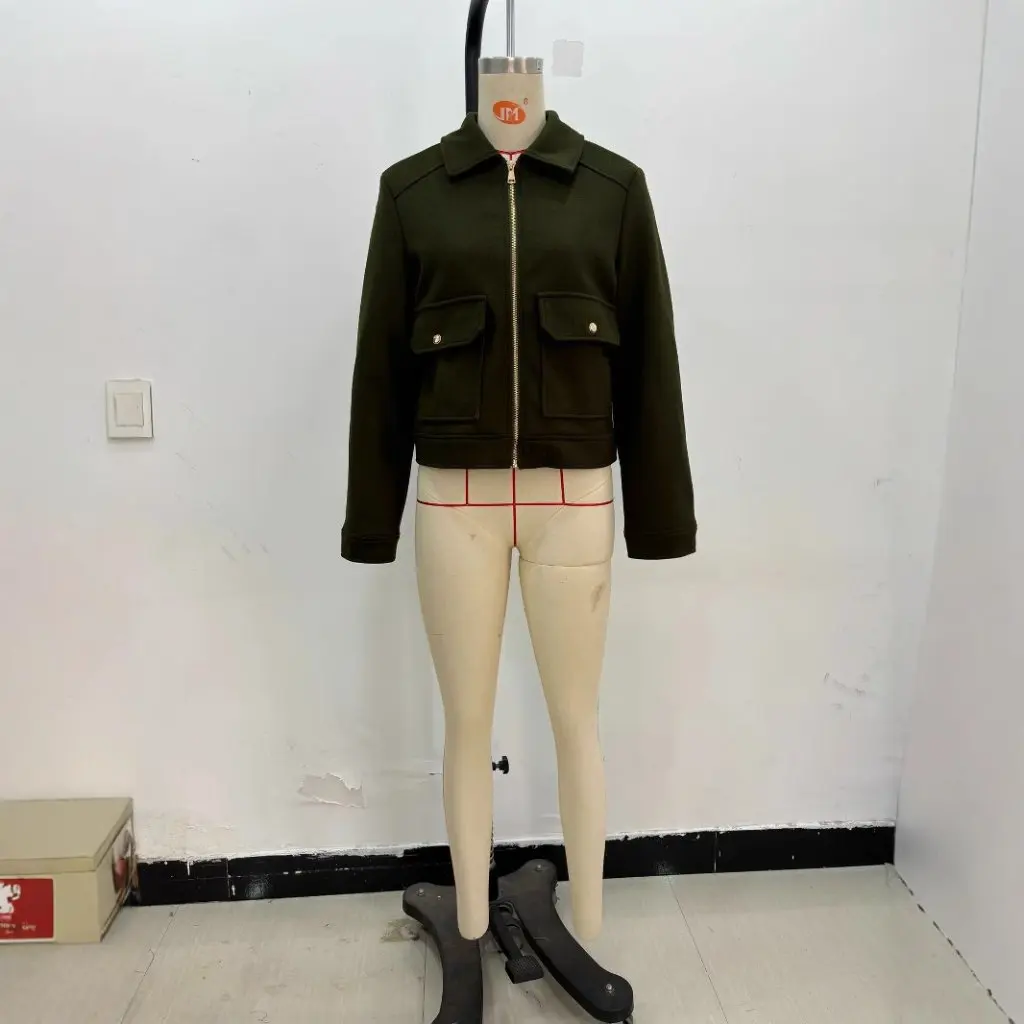 

Women's Loose Fitting Woolen Cloth Jacket Coat Spring Casual Commuter Style Zipper Closure Top for European And US Markets