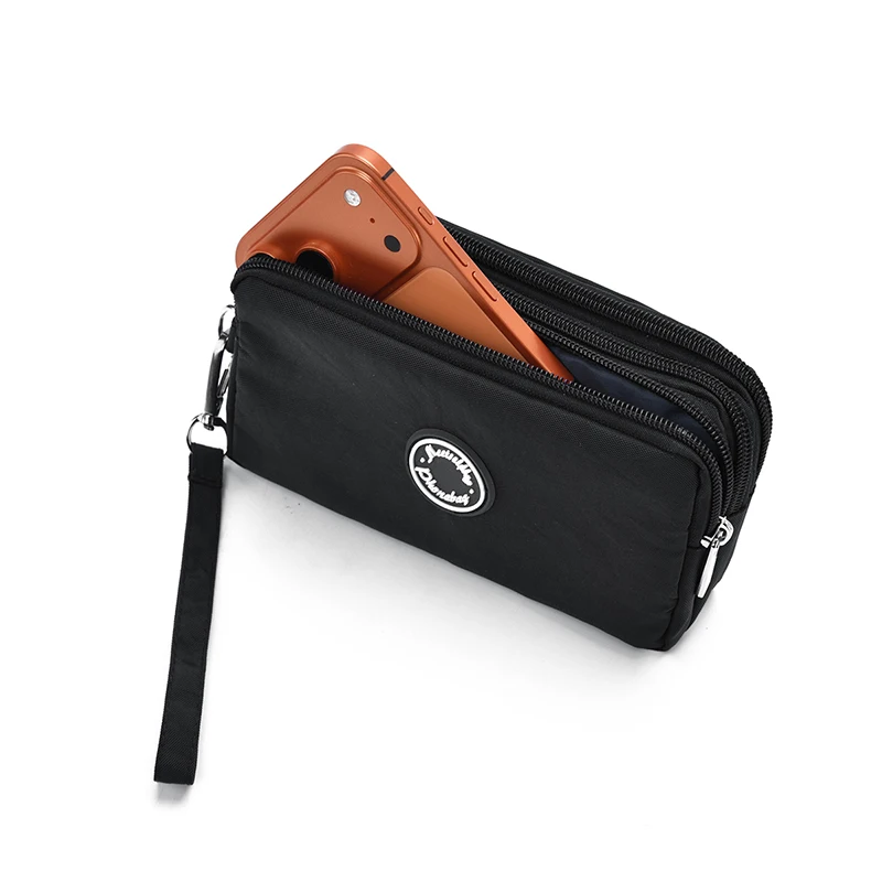 New nylon fabric zero wallet with three-layer zippers and a large capacity mobile phone bag for storage.