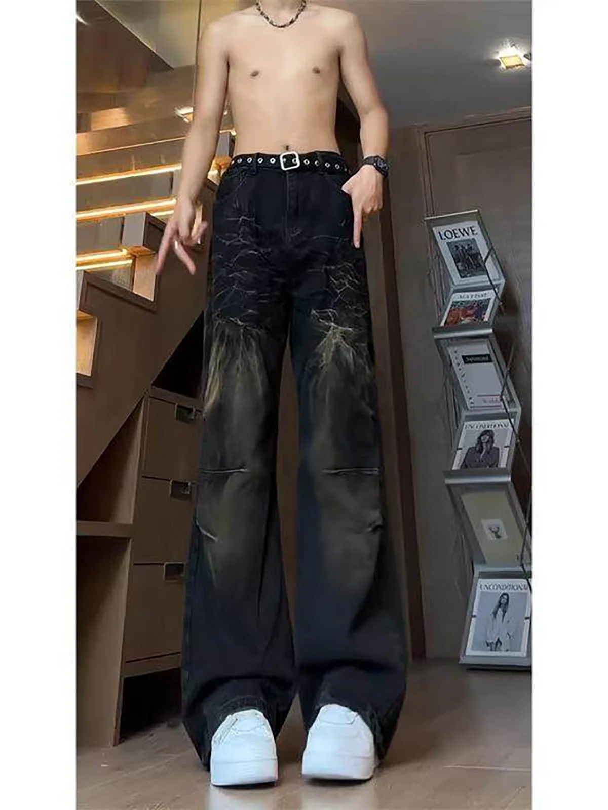 

Washed American Vibe Vintage Jeans Men Women Slim Fit mid Waist Lightning Pattern Wide Leg Straight Cut Denim Jeans