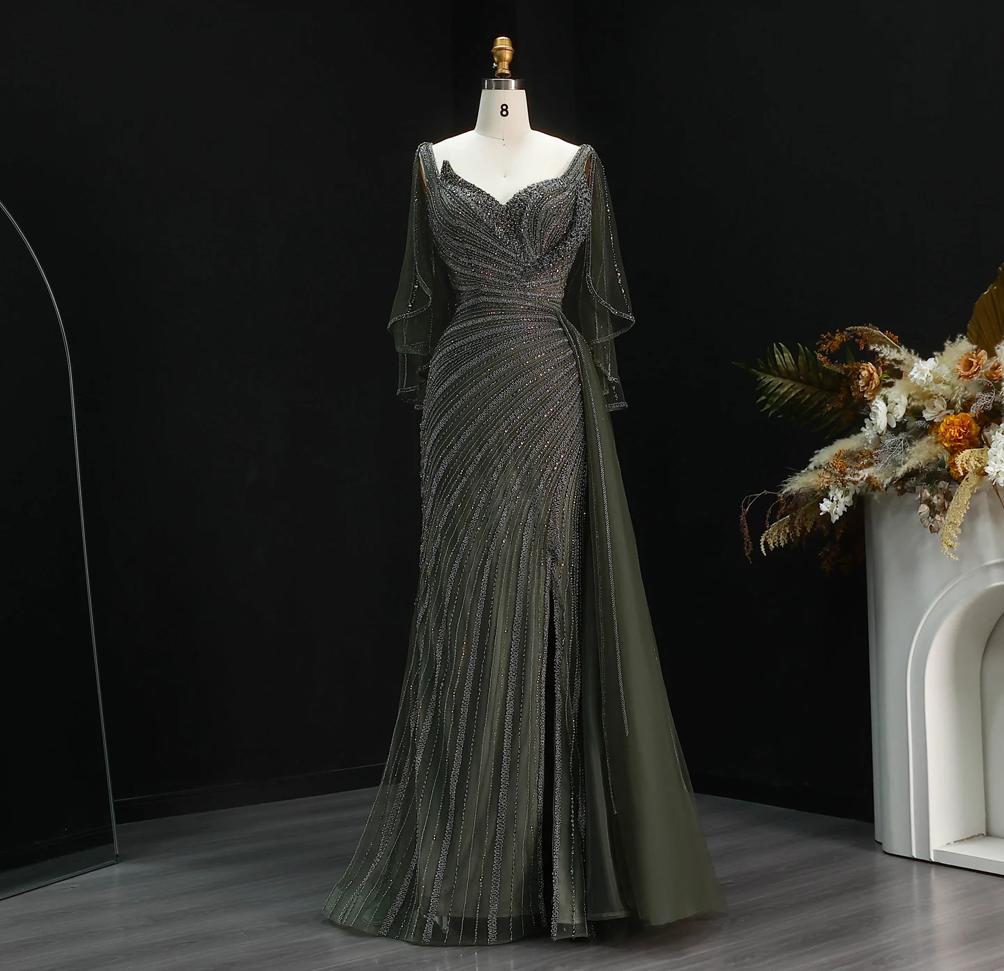 Sharon Said Luxuriöses Schwarzes Abendkleid, Lang, Perlenbesetzt, V-Ausschnitt, Cape-Ärmel, Elegante Ballkleider, Hochzeitsfeier, Damen, SS063, Maßanfertigung – Detail 12