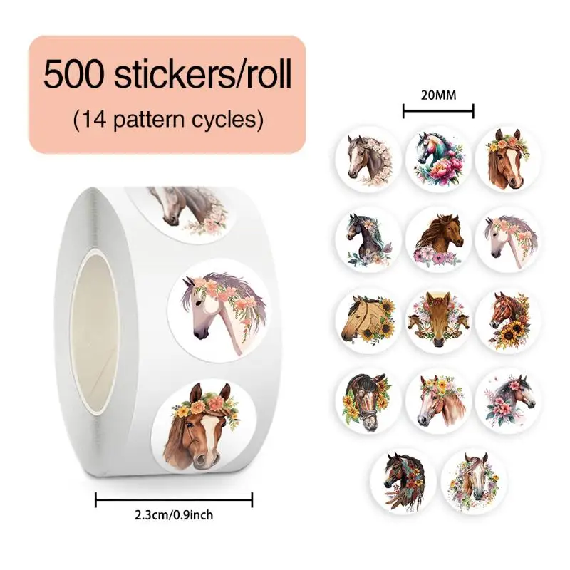 【NEW】500pcs/Roll Animal Horse Flower Cartoon Sealing Sticker DIY PVC Laptop Decals Decoration Stiker Reward Gift Kawai
