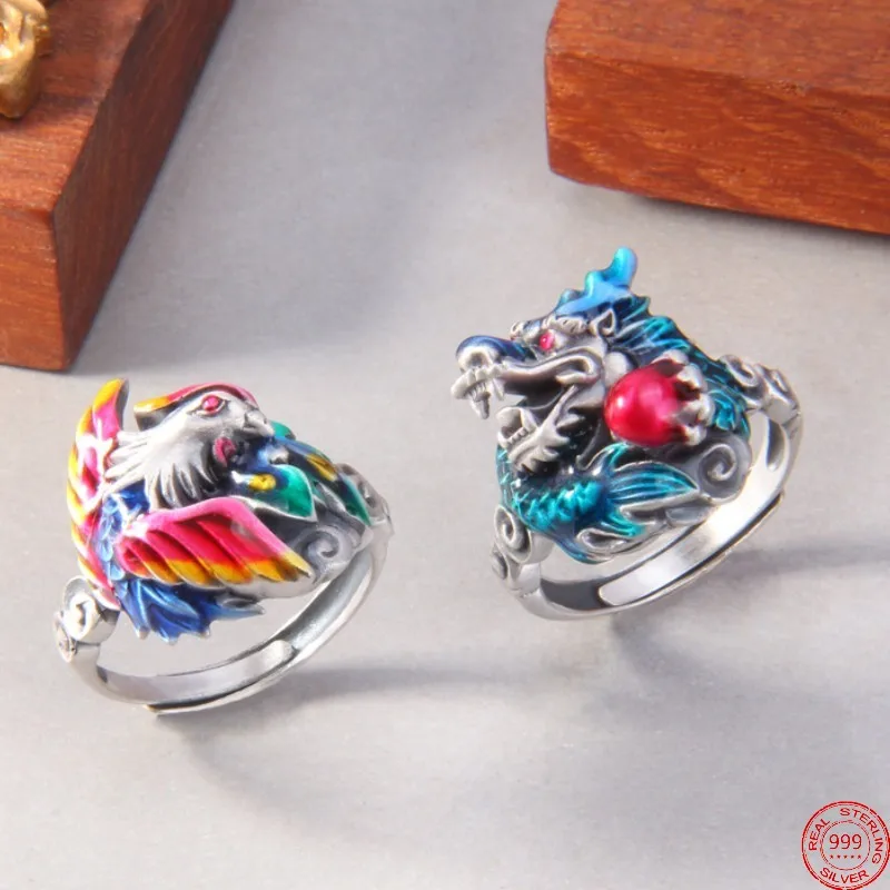 

Genuine S999 Sterling Silver Rings for Women New Women's Fashion Enamel Relief Flying Dragon Phoenix Argentum Couple Jewelry