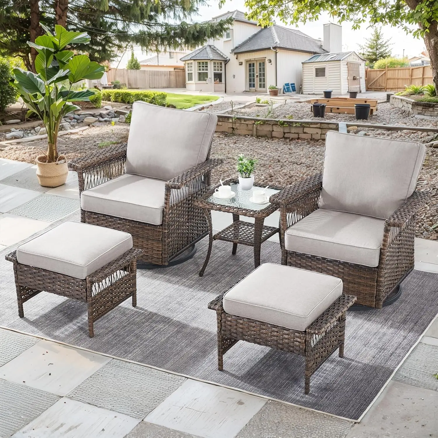 

Patio Furniture Set 2 Wicker Swivel Glider Chairs 2 PE Rattan Ottomans With Patio Side Table Brown Wicker Beige, Customized