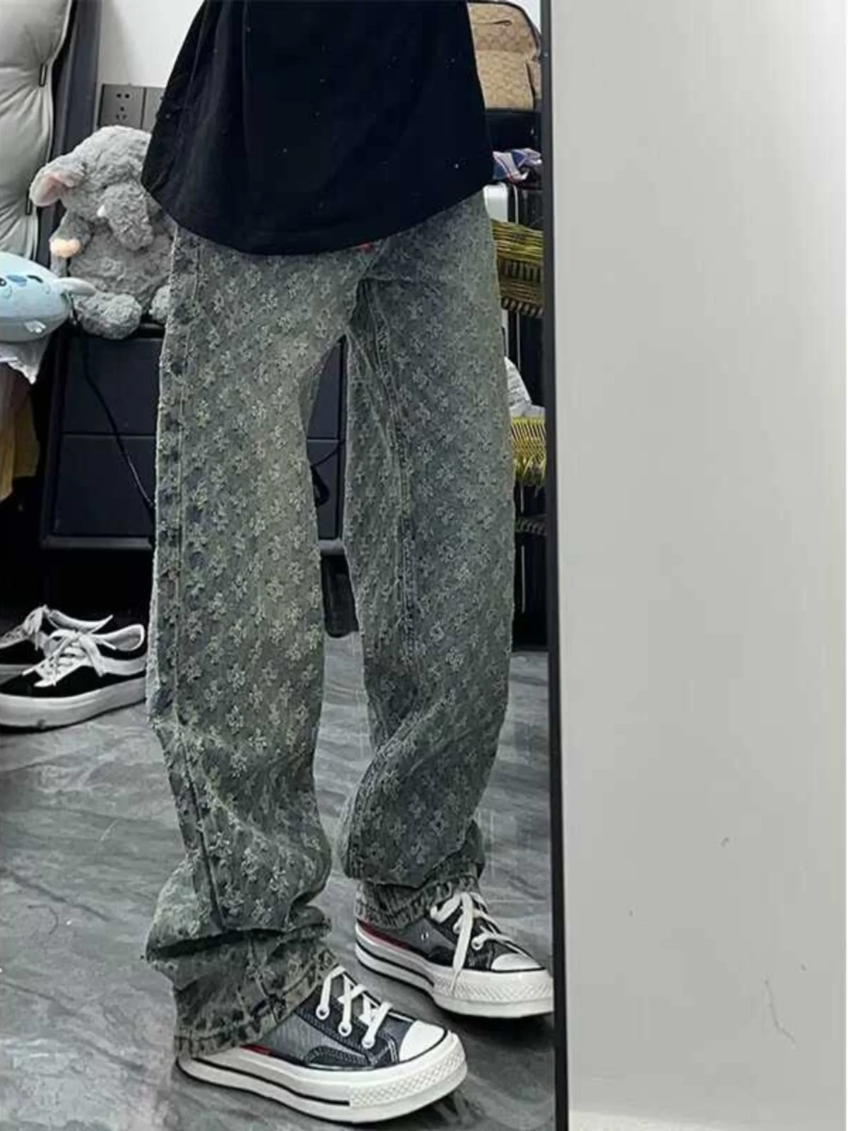 

Модные мужские джинсы из денима, осенние, прямого кроя, в американском стиле, универсальные, с цветочным принтом, повседневные длинные брюки