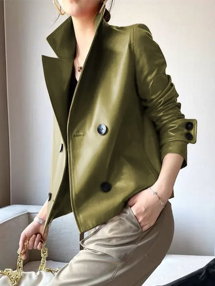 UOOZEE 2025 New Women Solid Color Faux Leather Buttoned Jackets Spring Autumn Long Sleeves Notched Collar Urban Outerwears Coat