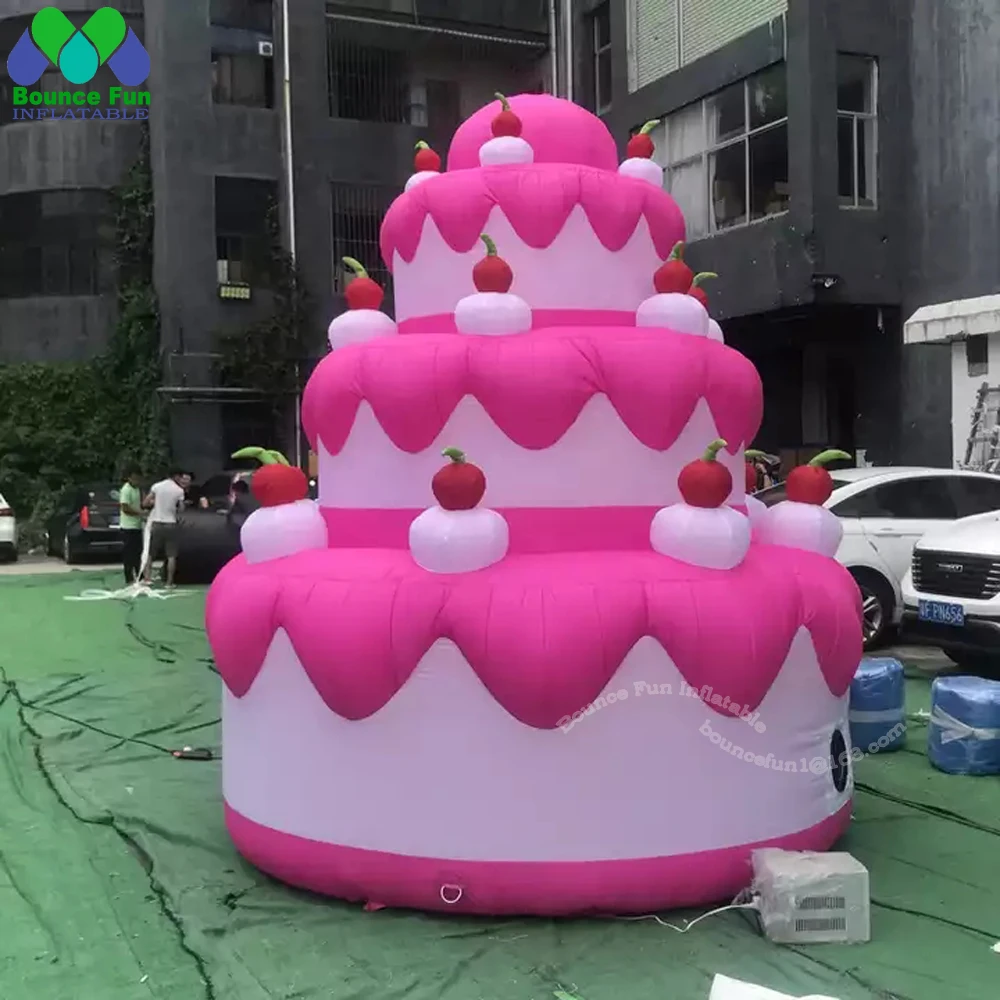 Ballon gonflable géant rose pour gâteau joyeux anniversaire, modèle de gâteau gonflable cerise rouge pour décoration de fête d'anniversaire