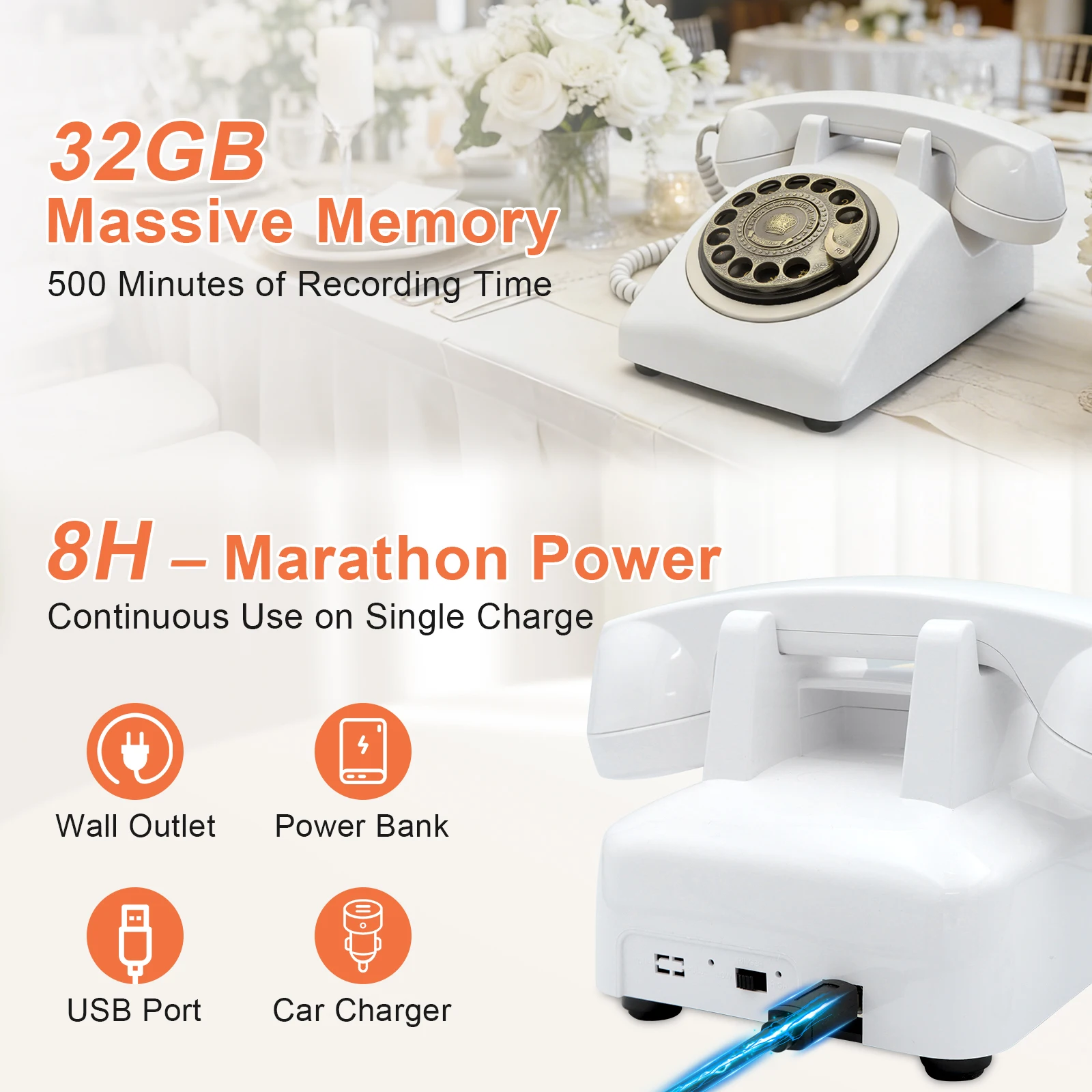 White Audio Vintage Guest Book Telephone - Gold Rotary Dial, Retro Wedding Phone for Bridal Shower & Event Decor, Classic Voice