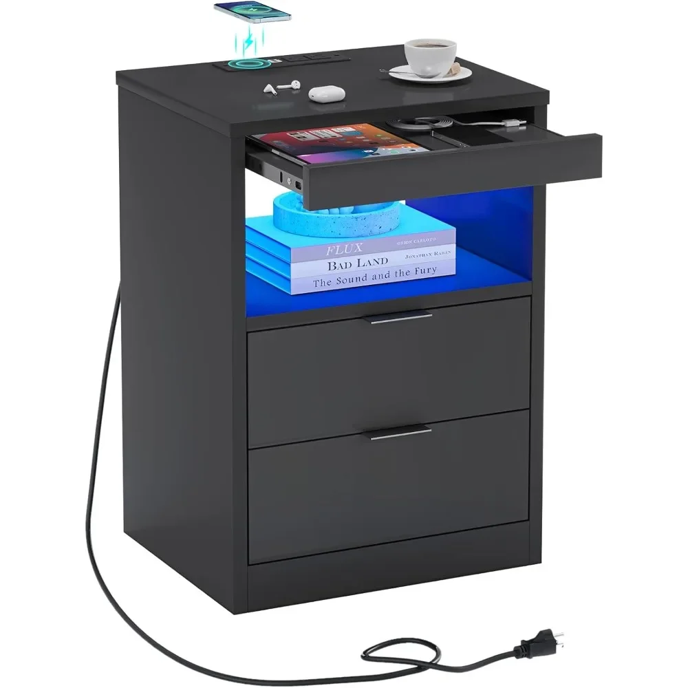 

LED Nightstand Black Nightstand with Wireless Charging Station 2 Drawers, Modern Bedroom End Side Table with LED Lights