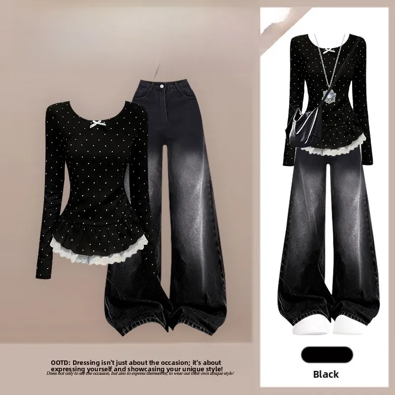 

Spring 2026 Sweet And Spicy Polka Dot Long Sve T-irt Top High Waist Jeans Two Piece Set Women's Faion Casual Outfit