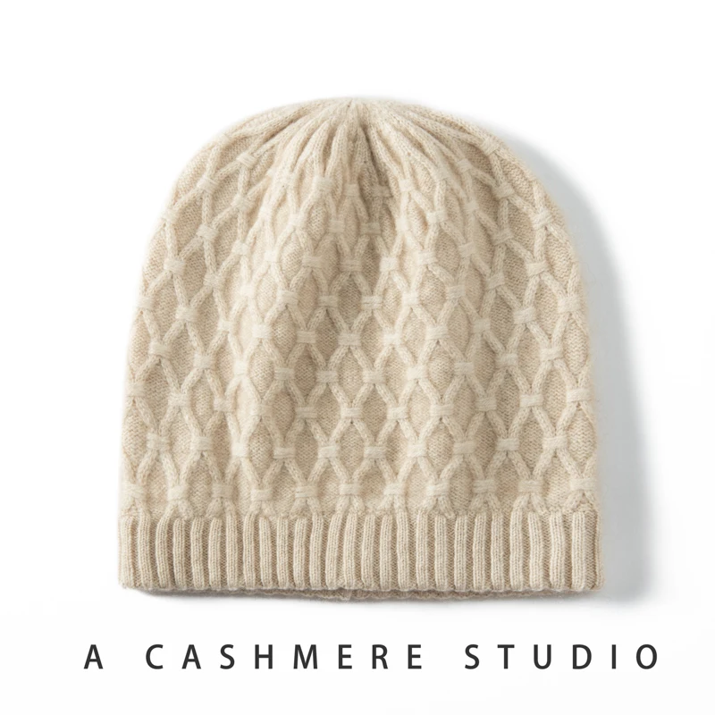 Winter Women's Casual Outdoor Warm Hat High Quality 100% Cashmere Hats Female Soft Solid Color Skullies Grid Graph Knitted Cap