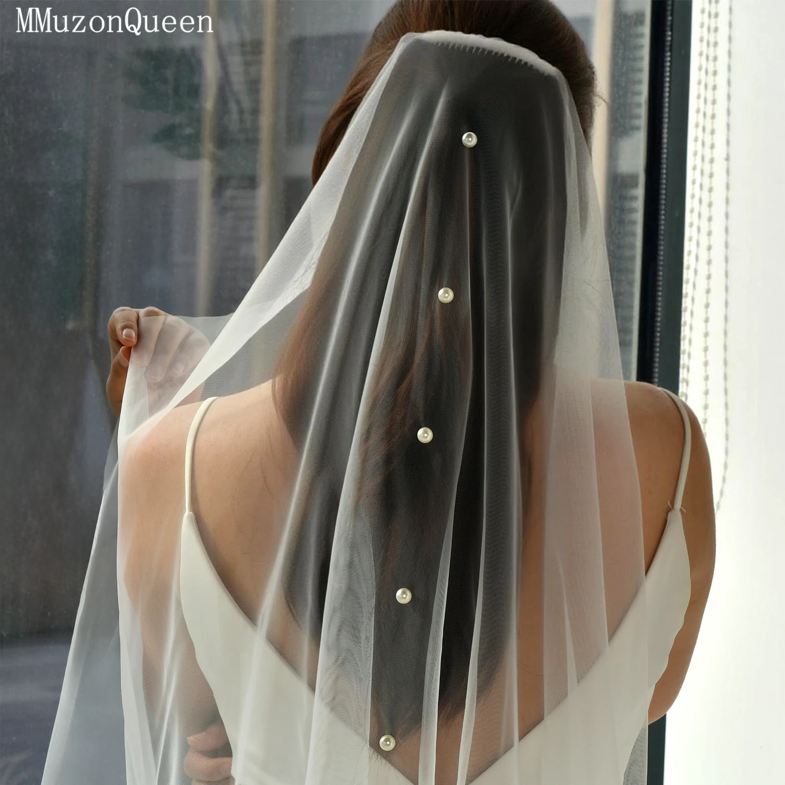 TOPQUEEN أنيقة اللؤلؤ الحجاب الزفاف Velo De Novias طبقة واحدة غزل ناعم جولة الرقص الحجاب طرحة الزفاف الدعائم الزفاف V64 #5
