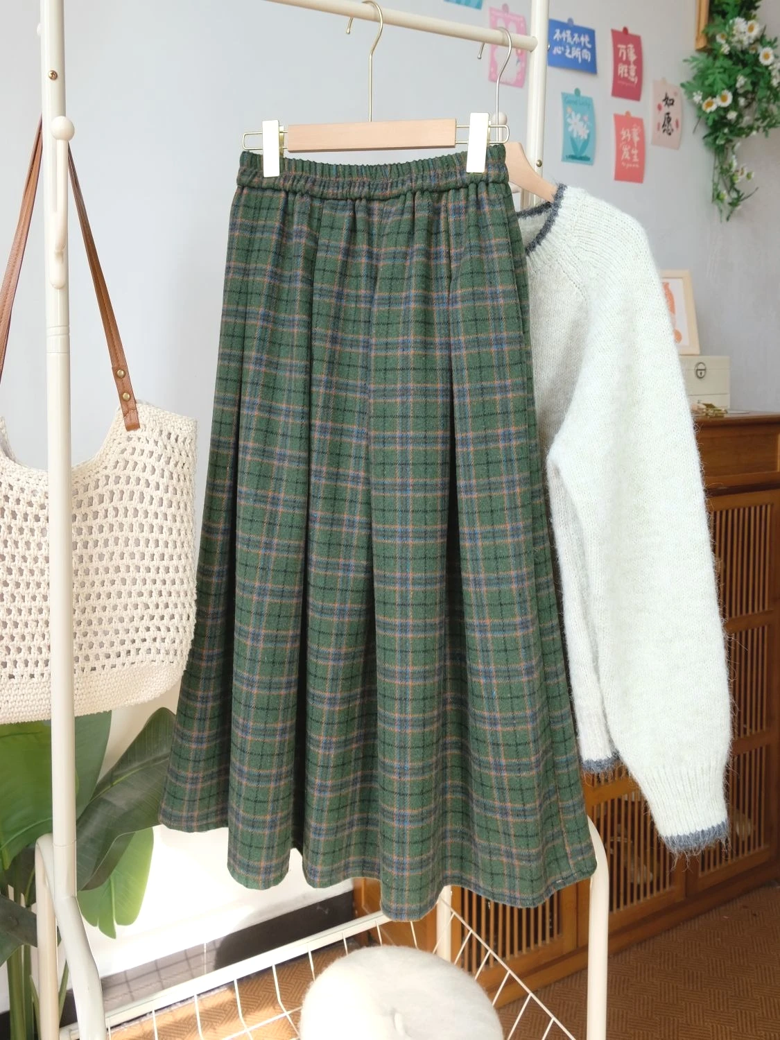 Gonna scozzese in lana sintetica verde foresta alla moda giapponese in stile preppy, vita elastica da donna, linea ad A, stile retrò caldo