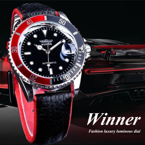 Imagen 2 del producto WINNER 002 Reloj de pulsera mecánico automático para hombre Manecillas luminosas Fecha Moda Reloj con correa de cuero y acero inoxidable Regalos