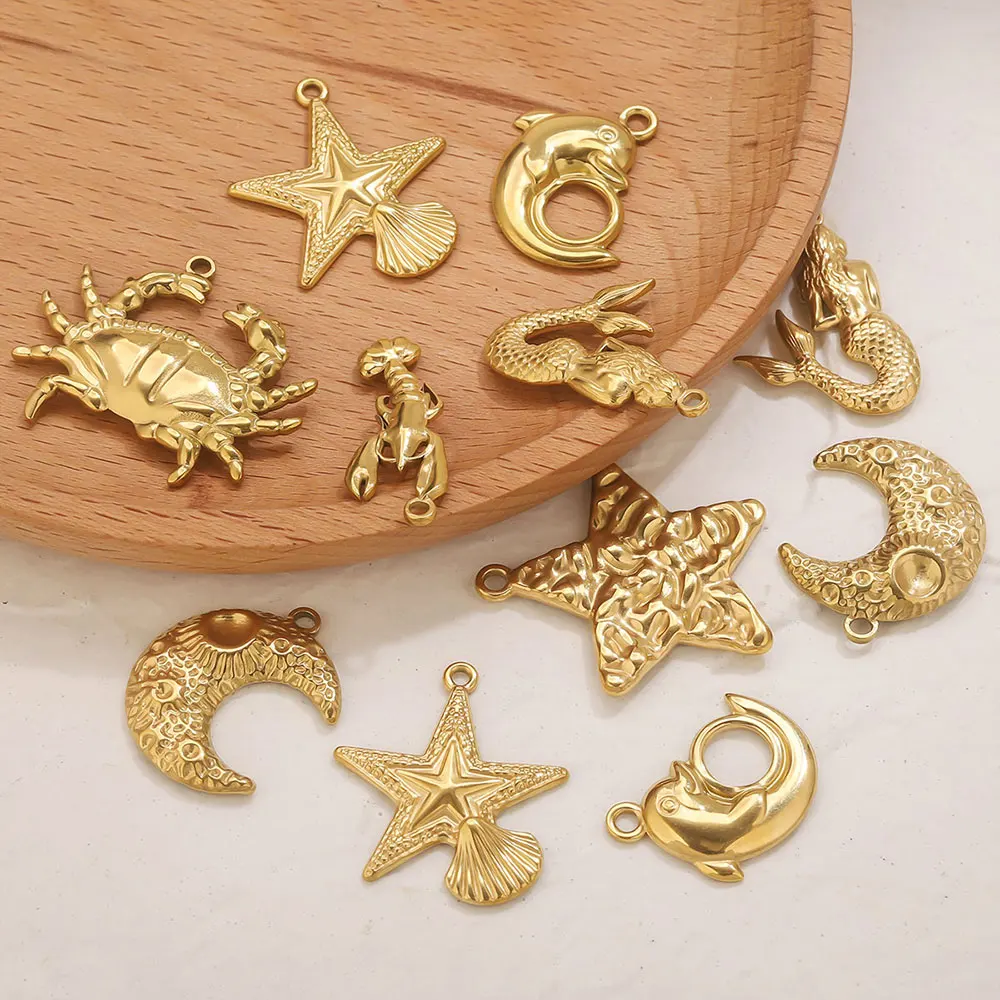 5 Pcs Stainless Steel Moon Sea Crab Starfish Mermaid Charms for DIY Women Earrings Necklace Jewelry Material Crafts Wholesale