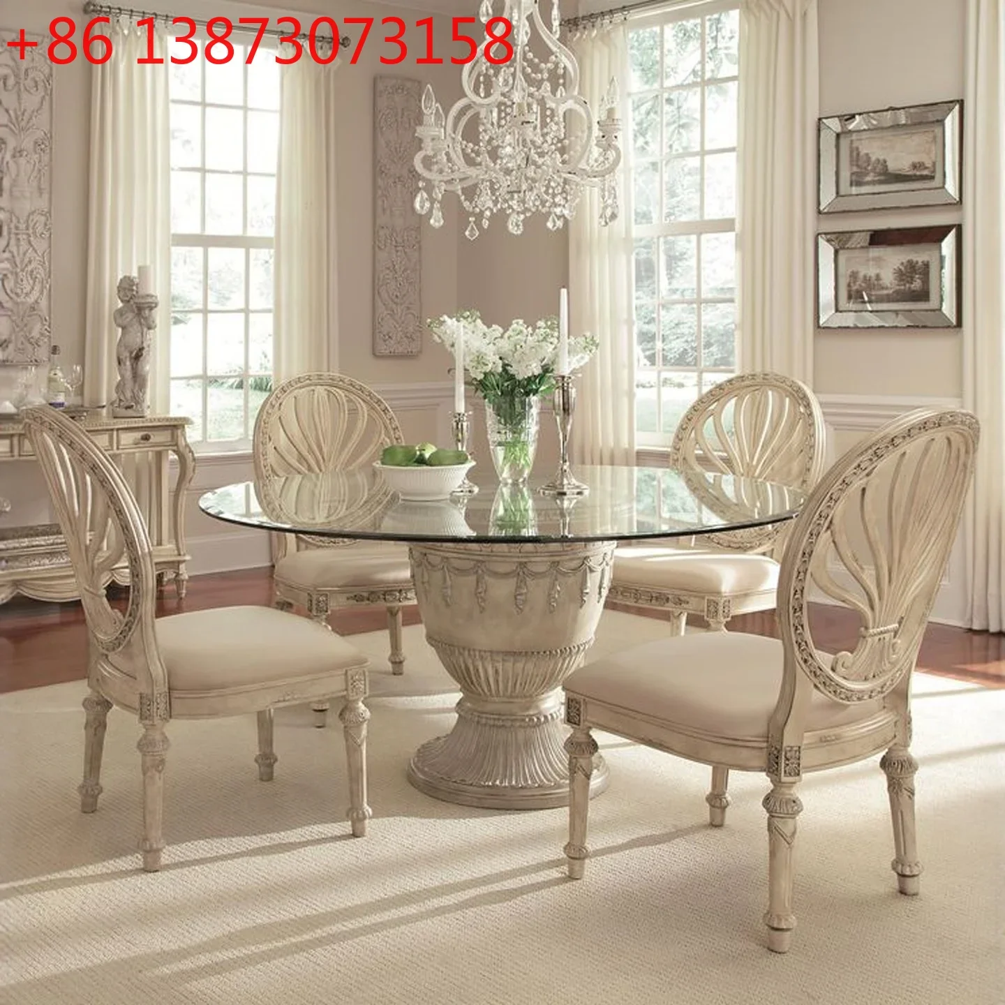 American country solid wood French retro old carved round tempered glass dining table