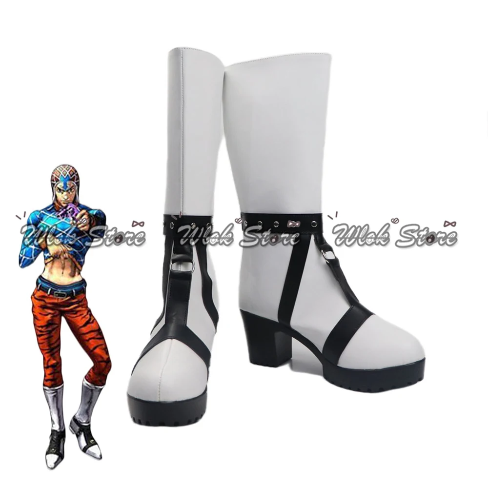Anime JOJO Guido Mista Cosplay Shoes White Leather Boots Knee-high Men Women Halloween Party Carnival Role Play Shoes Customized