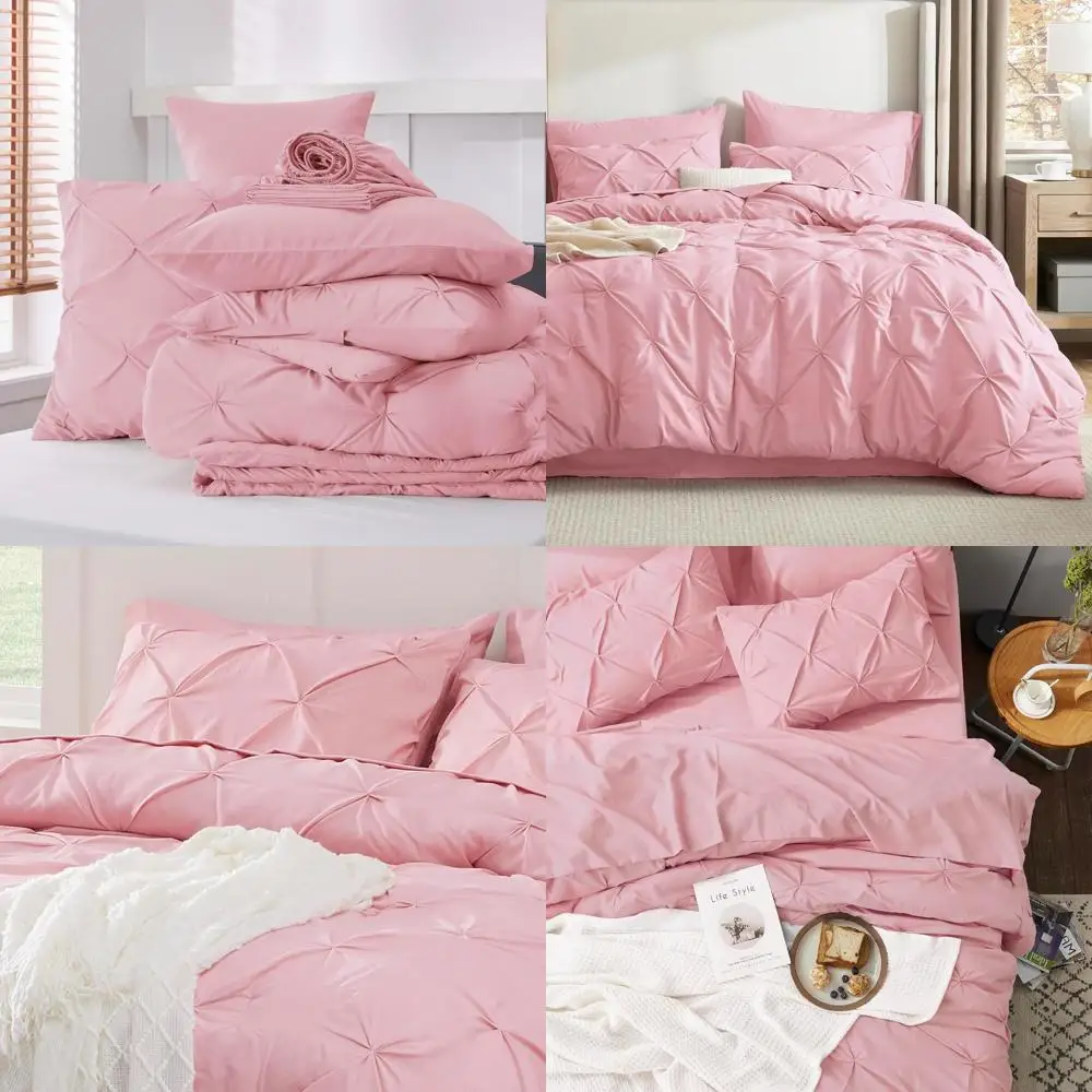 

Baby Pink Queen Size Bedding Set - 7-Piece Comforter with Sheets, Pillowcases & Shams, All Season Pintuck Design
