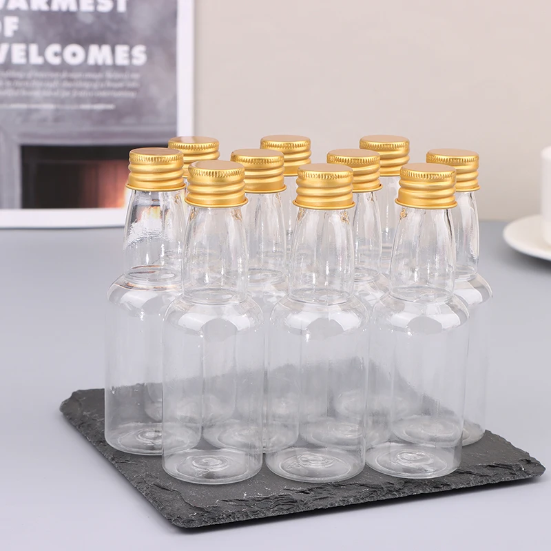 10Pcs 50ml Mini Clear PET Refillable Small Wine Bottles For Party Wedding Liquor Bottles With Leak Proof Screw Lid