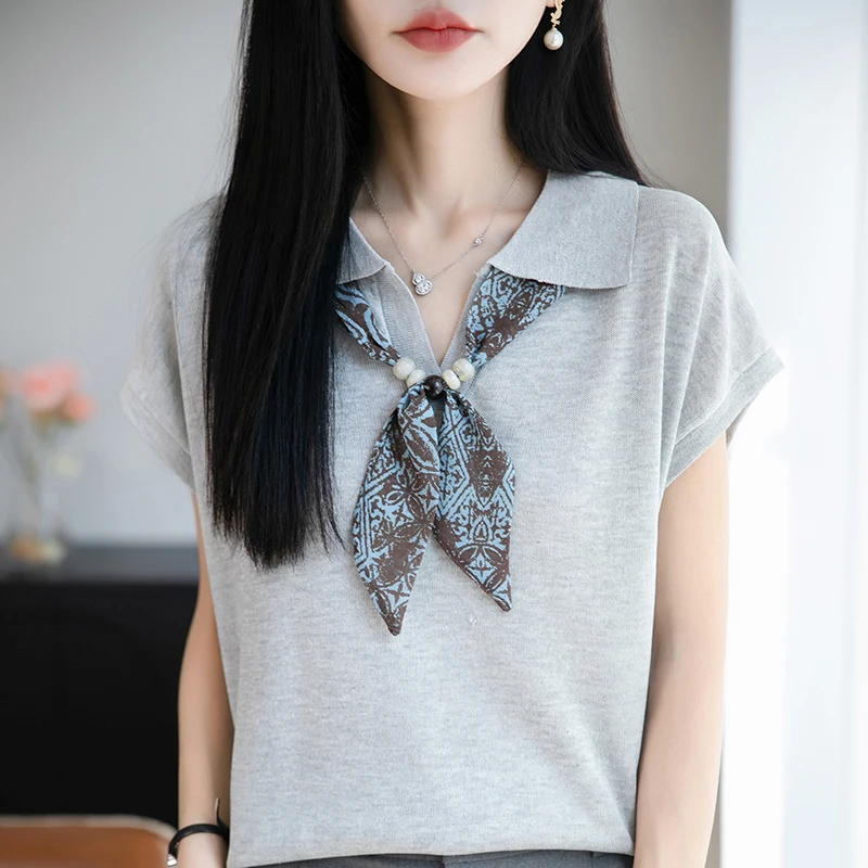 Summer New Knitted Short Sleeved Women's Old Money Style Lapel Half Sleeved Fashion Scarf Tie Thin Pullover Vest Versatile Tees.