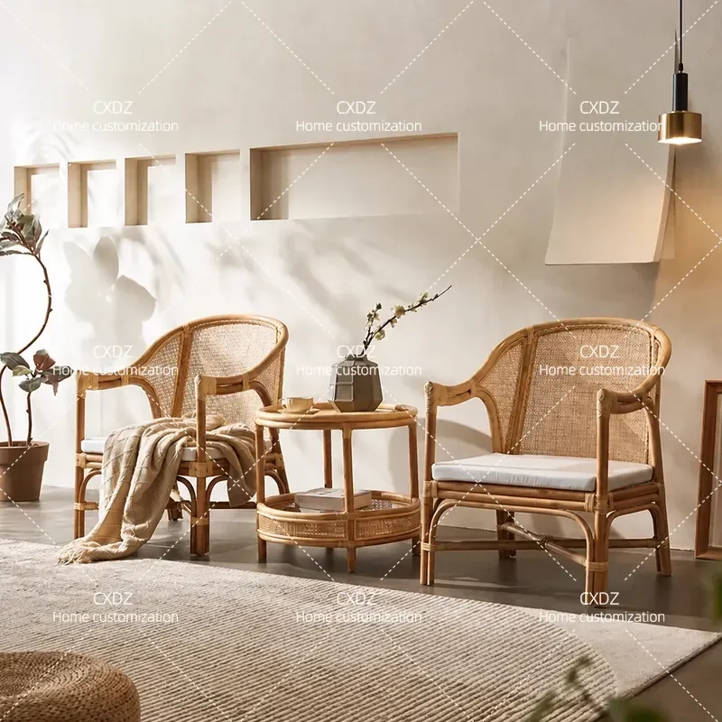 Rattan Chair and Table Set 3 Piece Living Room Balcony Furniture Japanese Style Single Sofa with Backrest for Homestay