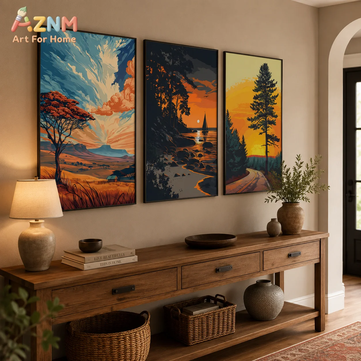 AZNM Unframed Canvas Print Retro Sunset Landscape Wall Art Vintage Nature Scenery Home Decor Poster