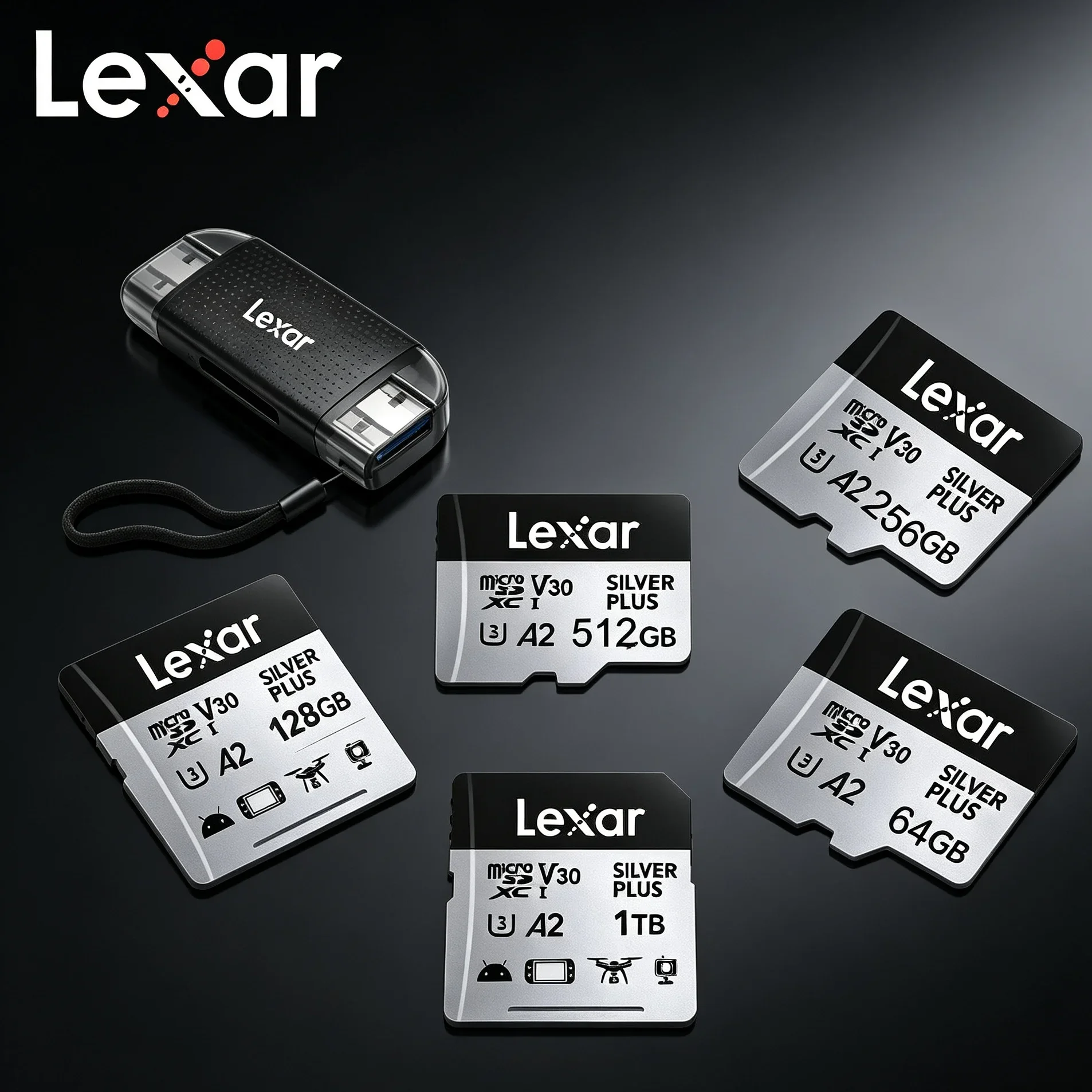 For DJI Drone Camera Lexar V30 A2 Micro SD Card 205MB/s 4K TF MicroSDXC Memory Card 64‑1TB USB3.2 Card Reader Optional