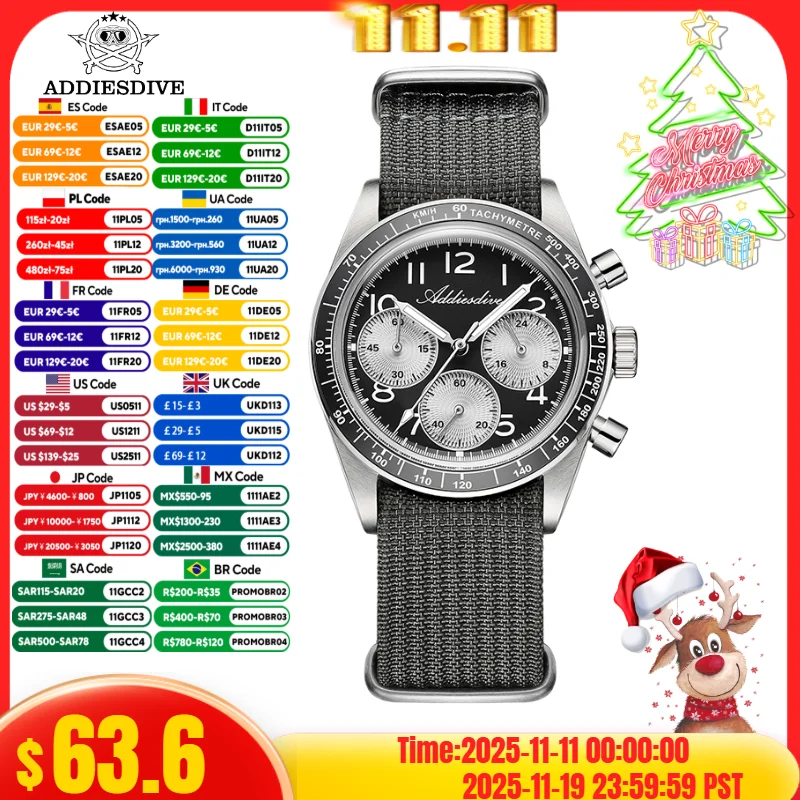 

ADDIESDVIE Men Chronograph Watch VK63 316L Stainless Steel 10Bar Waterproof AD2517 Nylon Strap BGW9 Super Luminous Quartz Watch