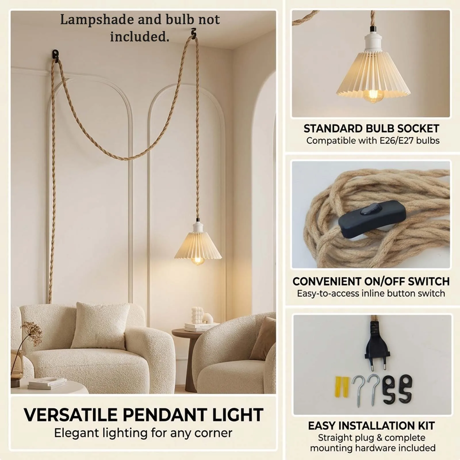 Lamp Cord with Switch and Plug, Jute Rope Braided Cable, White E27 Holder, Black Inline Switch, Black EU Plug, Boho, Cafe