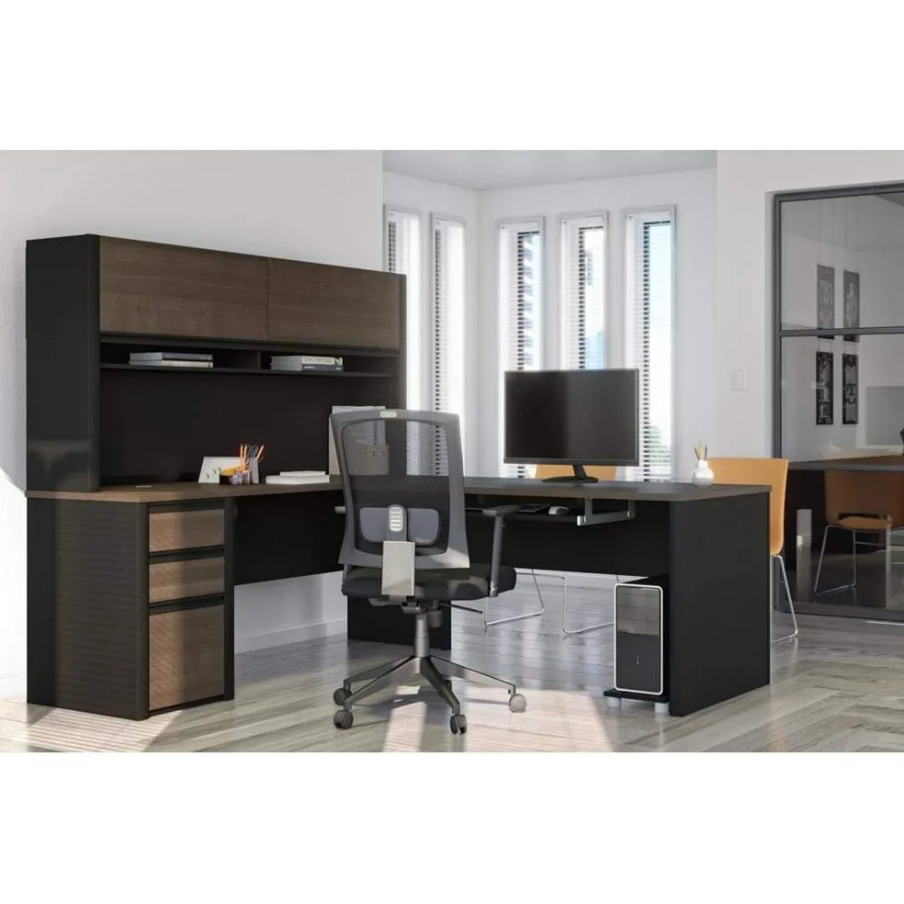 

L-Shaped Desk with Hutch and Pedestal, 72W Narrow Desk Shell, 71W Hutch for Narrow Desk Shell, 60W Return Table