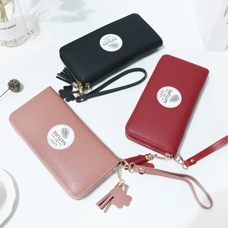 Luksusowe Portfele Damskie z Nadrukiem Kreskówkowym Długi Portfel PU Jednolity Kolor Zapinana na Zamek Kopertówka Wygodna Damska Portmonetka na Monety