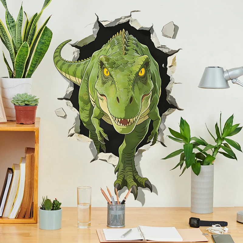 Ferocious T-rex Broken Wall Hole Art Jurassic Dinosaur World Vinyl Mural Stickers Home Nursery Decoration for Kids Room Bedroom