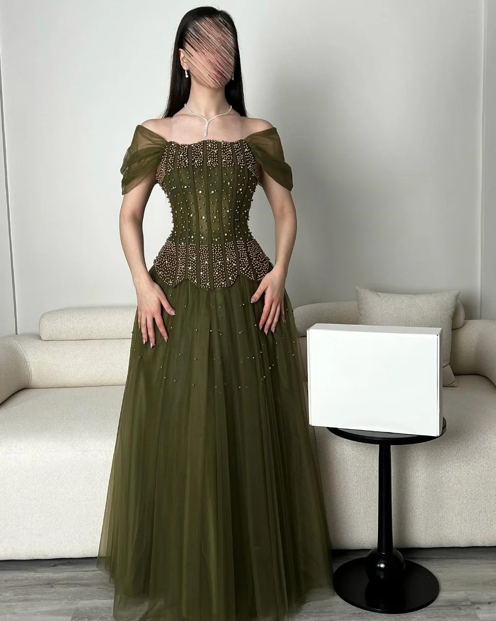

Customized Green Tulle Pleat Beading Rhinestone A-line Off-the-shoulder Long Dresses Evening Dresses Sizes Available Classic