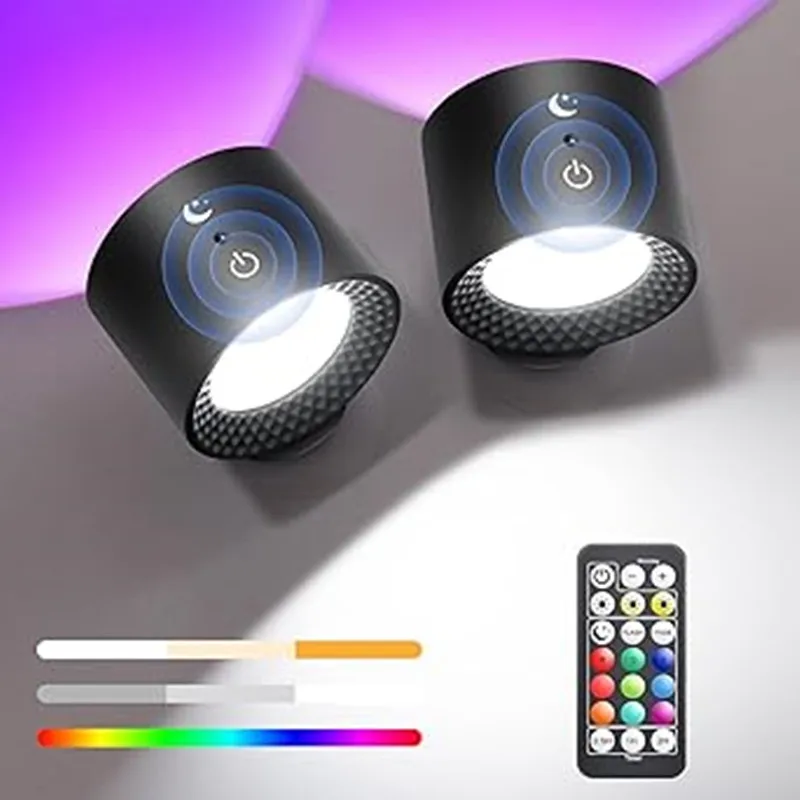 9 Colors 360° Rotation Wall Lamp Mounted Night Lights RGB LED Up Down Remote Rechargeable Wireless Reading Bedroom Lamp