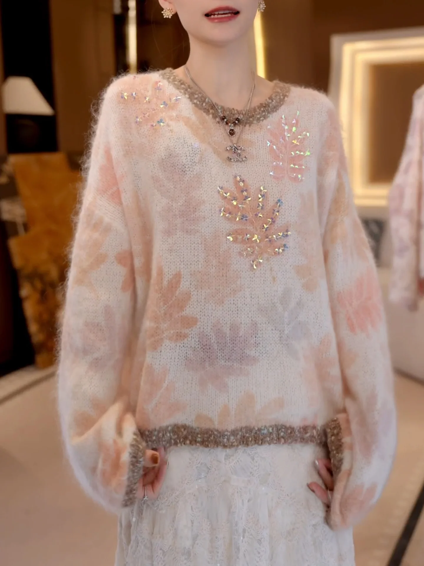 

Женский роскошный легкий свитер большого размера на осень-зиму, розовый, с изысканным дизайном, в корейском стиле, свободного кроя, из кашемира