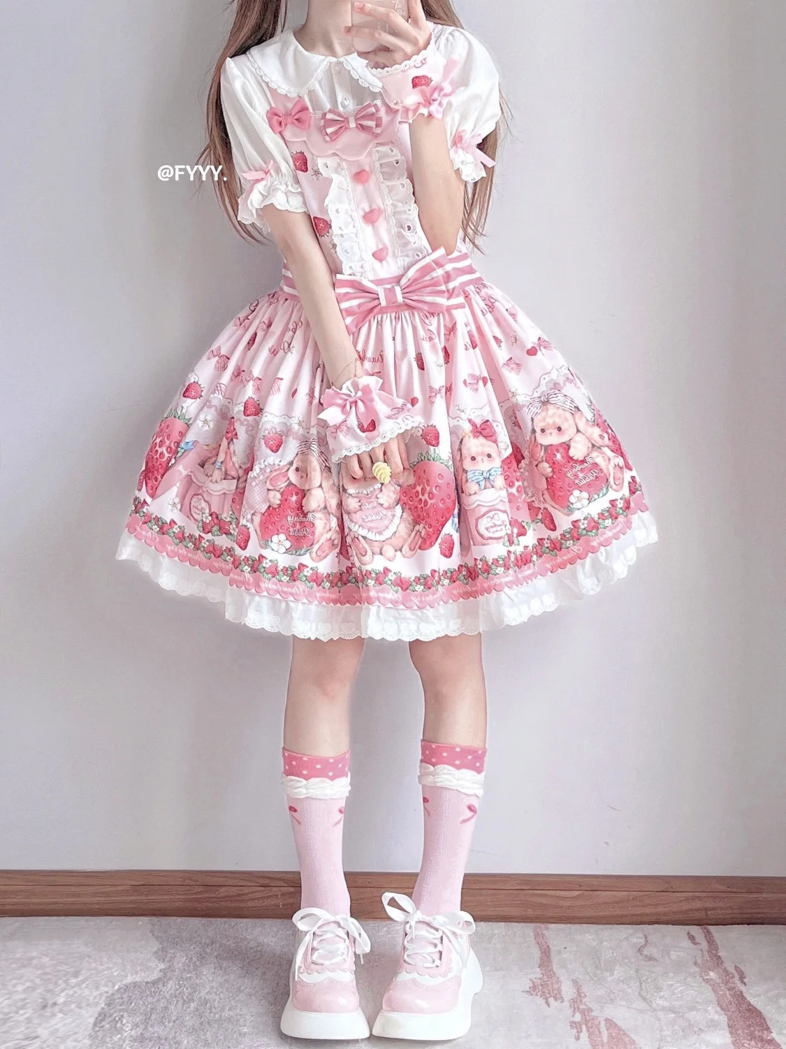 Sweet Lolita Jsk Dress Strawberry Cartoon Cute Rabbit Print Suspenders Dress Japanese Summer Women Kawaii Party Dresses