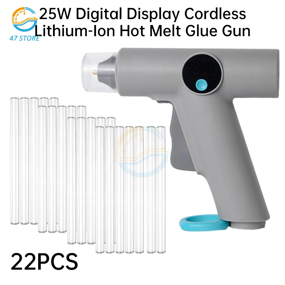 

25W Cordless Hot Glue Gun With LED Light Lithium Battery Temperature Display With 22pcs Glue Stick DIY Household Craft Tools