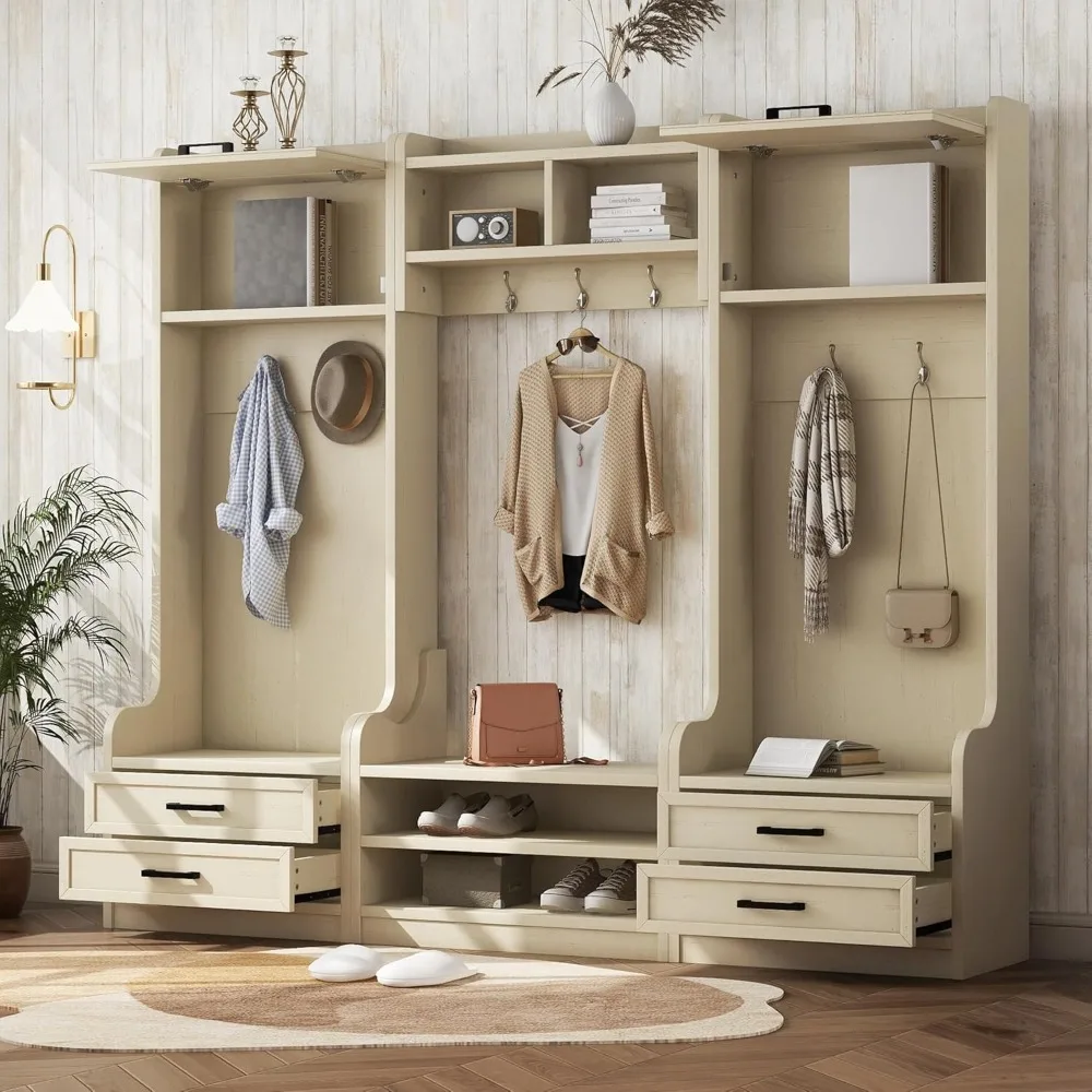 Shoe Cabinets with Storage Bench, 4 Drawers and 7 Hooks, Detachable Mudroom Organizer, Wide Hall Shoe Cabinets